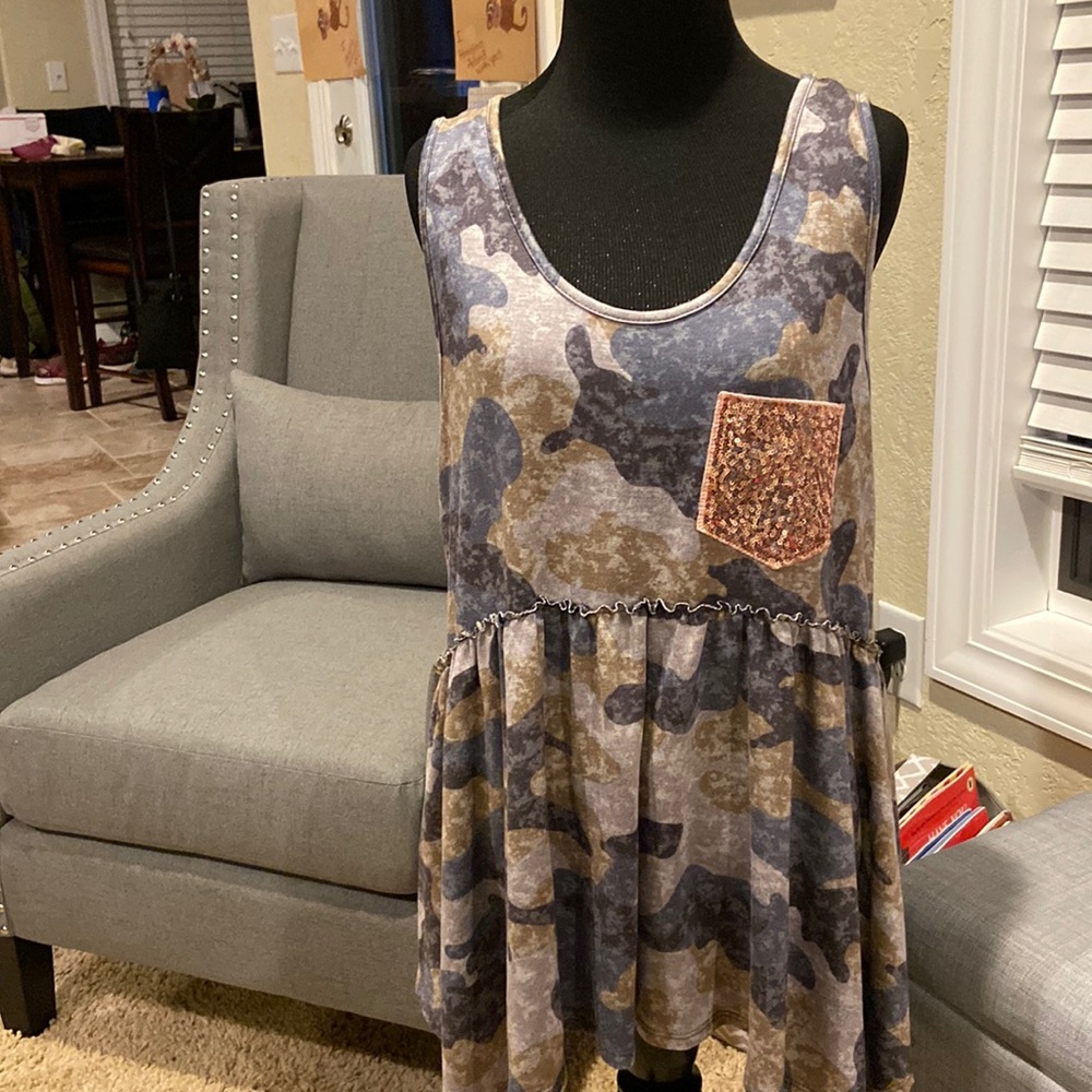 Babydoll camo tank with sequin bling! NWT